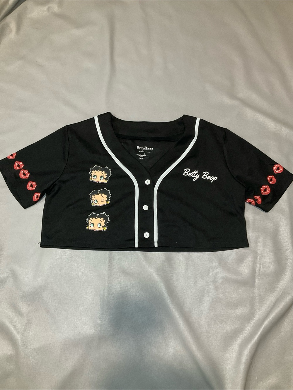 Betty Boop Black Cropped Baseball Jersey with Red Lip Sleeve Details